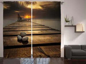 Штора ABAKUHAUS Coastal Rustic, Черное море у пирса на закате, универсальная ленточная штора для гостиной с петлями и крючками, 280 x 175 см, цвет: желто-коричневый, серый Abakuhaus