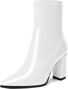 Женские ботильоны AUMOTED с блок-каблуком, массивный высокий каблук, короткие ботинки, заостренный носок, боковая молния, модные удобные ботинки для выхода, каблук 3,4 дюйма, White