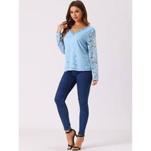 Женская прозрачная кружевная блузка с длинными рукавами и цветочной вышивкой ALLEGRA K, фиолетовый