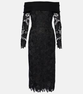 Платье миди из гипюра с цветочным принтом орхидеи Oscar de la Renta, черный