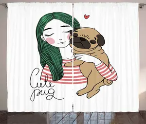 Штора ABAKUHAUS "Мопс с девочкой", в деревенском стиле, универсальная, для гостиной, с петлями и крючками, 280 x 245 см, цвет: светло-зеленый Abakuhaus