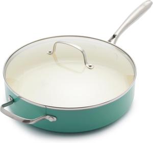 GreenLife Artisan Healthy Ceramic Nonstick, сотейник 5 л с дополнительной ручкой и крышкой, ручка из нержавеющей стали, для индукции, без PFAS и духовке, бирюзовый