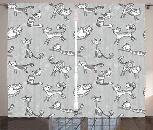 Штора ABAKUHAUS в деревенском стиле с цветочным рисунком, с изображением кота и котенка, универсальная ленточная штора для гостиной с петлями и крючками, 280 x 175 см, белая Abakuhaus