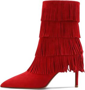Женские сапоги YDN Cowgirl с бахромой, кисточками, высоким каблуком-стилето до колена, боковой молнией, длинные ботильоны в западном стиле, размеры 4-15 US, Red Ankle High