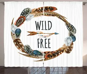 Штора из перьев ABAKUHAUS в деревенском стиле, венок с птицами, универсальная ленточная штора для гостиной с петлями и крючками, 280 x 245 см, коричнево-оранжевый, синий Abakuhaus