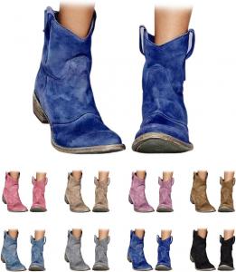 Женские западные ковбойские сапоги, низкие замшевые ботильоны на невысоком каблуке, с круглым носком и массивным каблуком, короткие сапожки для ковбойского стиля на осень и зиму Generic, Blue