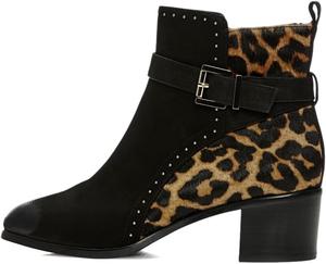 Wansseny Женские ботильоны с круглым носком, стильные, с леопардовым принтом и вставками, удобные с низким каблуком, боковой молнией, для повседневной носки, короткие, размер 4-16 US
