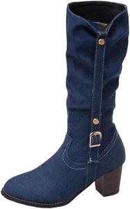 Женские джинсовые высокие ботинки на каблуке, модный стиль ковбоя с ремешком и пряжкой, длинные ботинки из джинсовой ткани для вечеринок Generic, 3