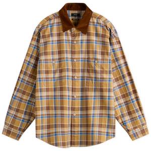 Рабочая рубашка в клетку с вельветовым воротником Beams, бежевый