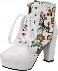 Женская мода: короткие ботильоны Лолита с высокими каблуками 9,5 см, круглый носок, платформа, лаконичные шнурки, многоцветная цветочная печать, для вечеринок, размер US4-US15, модель 998-14-18 LYYSKY, Green(998-14)