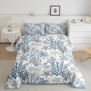 Erosebridal Комплект постельного белья Nautical Coastal с морским принтом в синих тонах, White Gray Blue