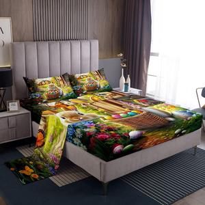 Erosebridal Комплект постельного белья Happy Easter Kids с кроликами и цветными яйцами в лесном стиле, Green Grey Brown