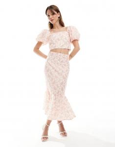 Юбка миди с цветочным принтом и баской по подолу Maya кораллового цвета