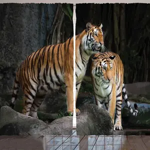 Штора с изображением животных ARANDE, Пара тигров в джунглях на больших камнях, рисунок Дикие кошки на природе, 280 x 260 см, серый с рыжим Abakuhaus