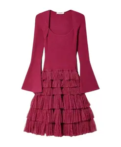 Платье из эластичной ткани в рубчик с многослойной юбкой из тюля. Twinset, розовый