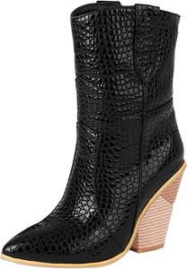 Женские ковбойские сапоги Trendenzy с зауженным носком, средней высоты, с высоким широким каблуком, Black