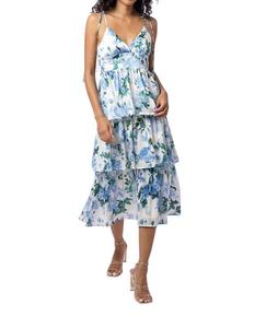 Line and dot Платье с цветочным принтом, синее