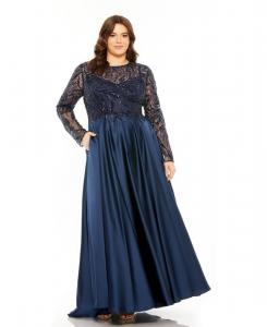 Женское прозрачное атласное платье с длинными рукавами, расшитое бисером Mac Duggal, Midnight