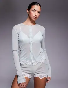 Полупрозрачные ночные шорты серо-зеленого цвета с кружевной отделкой ASOS DESIGN Honey