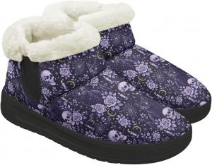 Зимние женские ботинки на щиколотку с широкой колодкой, с плюшевой подкладкой, дышащим верхом, теплые уличные ботинки без шнурков Chririnla, Purple Floral Skull