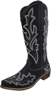 Женские ковбойские сапоги Ladmiple, высокие до колена, с широкой голенью, с вышивкой, вестерн, с заостренным носком, массивным каблуком, без шнуровки, ковбойские сапожки, Black