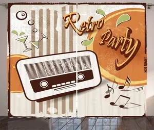 Штора в стиле ретро ABAKUHAUS, с изображением вечеринки и старого радио, для спальни, со сборками, петлями и крючками, 280 x 175 см, цвет: оранжевый, темно-коричневый, бежевый Abakuhaus