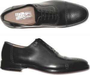 Мужские классические туфли Oxford Ferragamo LANNON черные из кожи с кап-то носком и брогированием, Gancini, Nero