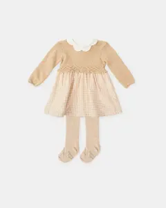 Комплект для маленькой девочки платье из трикотажа и ткани в клетку песочного цвета с колготками Tutto Piccolo
