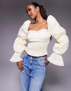 Топ ASOS LUXE в фактурную клетку в клетку виши с рукавами-буфами, цвет пахты