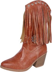 Женские ковбойские сапоги из искусственной кожи, средняя голень, заостренный носок, грубый каблук с бахромой, повседневные тапочки Kldyj, Brown