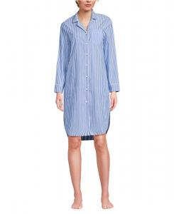 Женская хлопковая поплиновая ночная рубашка с длинными рукавами Lands' End, Muted cobalt/pink stripe