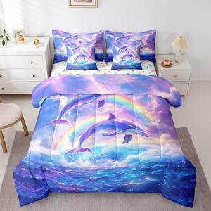 Erosebridal Комплект постельного белья Full Cartoon Dolphin с радужными дельфинами и тропическими рыбками, реверсивный дизайн, Purple Yellow