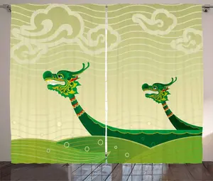 Штора ABAKUHAUS Дракон в деревенском стиле, мифическое животное Тацу, универсальная ленточная штора для гостиной с петлями и крючками, 280 x 245 см, цвет Папоротниковый зеленый Abakuhaus