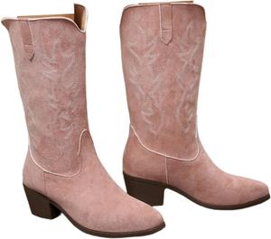 Женские ковбойские сапоги ZQW средней высоты с широким носком, заостренным носом и невысоким каблуком-блоком, винтажного западного стиля, удобные для ежедневной носки, Pink