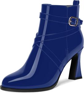 Женские повседневные ботильоны NUMALEO с перекрестным ремешком, теплой пряжкой, лакированные, с округлым носком, на открытом воздухе, с блочным высоким каблуком 3,3 дюйма, Royal Blue