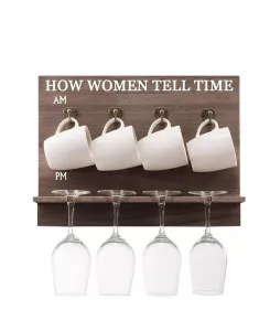 Как женщины определяют время: настенная винная стойка с бокалами для вина и кофейными кружками, набор из 9 штук Bezrat, brown