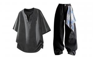 Повседневная спортивная одежда Unisex V-образный вырез Moderate X1617, серый tie-dye short-sleeved+черный knife-edge jeans