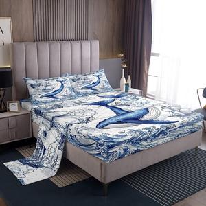 Erosebridal Комплект постельного белья Ocean Whale с морским принтом китов и парусников, голубые океанские волны, Blue