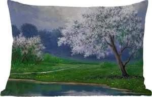 Подушка для улицы - Картина - Дерево - Цветение - Природа - Вода - 50 x 30 см - Устойчива к атмосферным воздействиям - Подушка для отдыха - Подушка для дивана - Украшение для гостиной MuchoWow