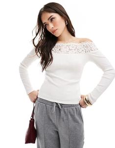 Топ с длинными рукавами и отделкой из тонкого кружева в рубчик кремового цвета Morgan