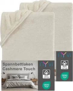 Простыня на резинке DreamScience Cashmere Touch 140x200 - 160x200 см, натуральная, 2 шт., для матрасов высотой до 22 см - бархатистая, мягкая и теплая простыня на резинке NYVI