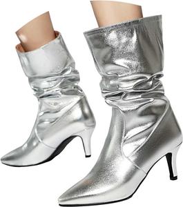 Женские свободные сапоги до середины голени с каблуком-кисой, заостренным носком, на подтяжках, для осени и зимы, элегантные, нарядные, с высоким каблуком-шпилькой, кожаные, модные, удобные, свадебные и праздничные ботильоны Generic, Silver