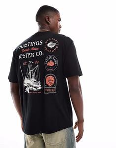 Футболка ONLY & SONS свободного кроя с принтом «устрицы» на спине черного цвета