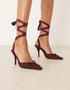 Туфли ASOS DESIGN на высоком каблуке с завязками на ногах и принтом пиона из сливового атласа