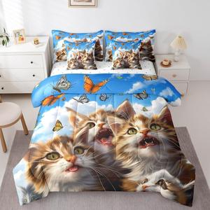 Erosebridal Комплект постельного белья Cute Cat с милыми котятами и радужными бабочками в голубых и белых тонах для детской комнаты, Blue Orange