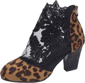 Женские универсальные ботильоны на низком каблуке, элегантные с заостренным носком, сексуальные с кружевом и цветочным узором, летние босоножки с открытым носком на низком каблуке для вечеринок Generic, Leopard