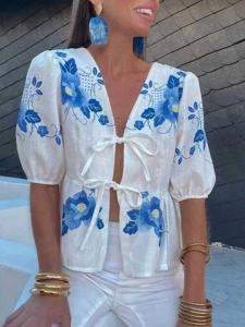 Блузка с цветочным принтом и завязкой спереди, голубого цвета Rosa Clothing, синий