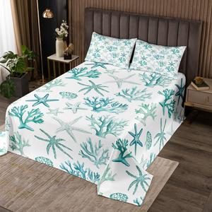Erosebridal Комплект постельного белья Shell Coral Starfish с морским принтом, летний пляжный стиль для спальни, Light Green and White