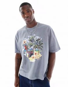 Футболка свободного кроя, плотная, свободного кроя, светло-серого цвета с принтом в стиле летнего сезона Asos Design