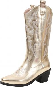 Женские ковбойские сапоги IWIHMIV с широкой голенью, западного стиля, модной вышивкой, на массивном каблуке, средние кожаные сапоги, Gold